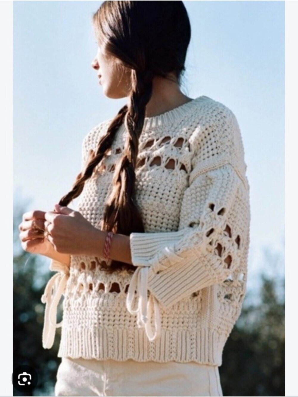 ZARA | Open-Knit Sweater tie-cuff cream Cotton Sz M